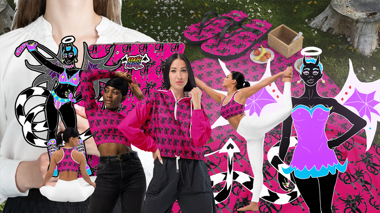 Girls wearing Naughty Angel outfits, doing yoga, holding a clipboard over a background of a picnic on the grass.