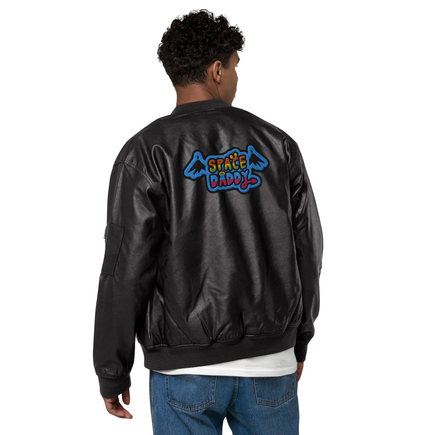 Space Daddy Faux Leather Bomber Jacket