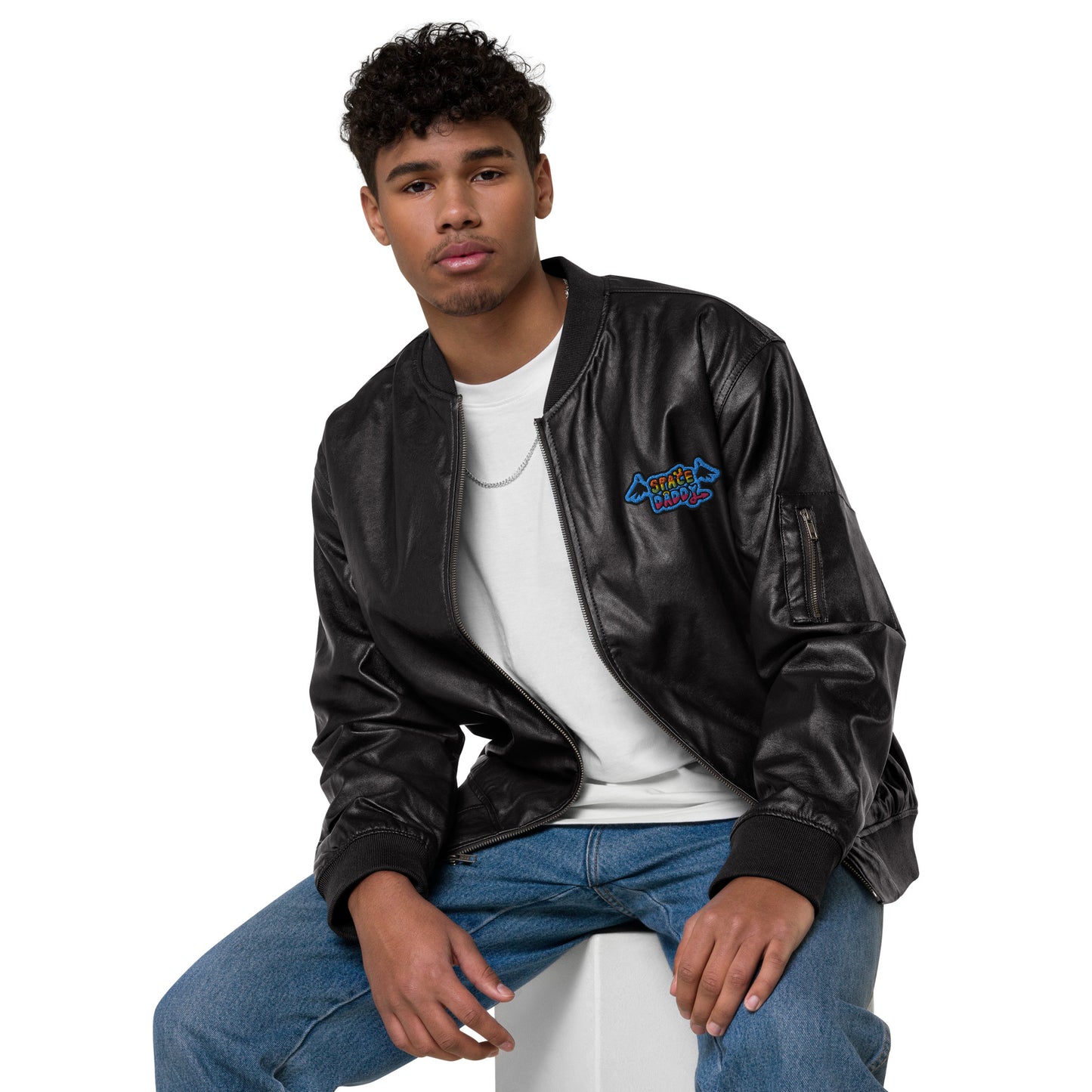 Space Daddy Faux Leather Bomber Jacket