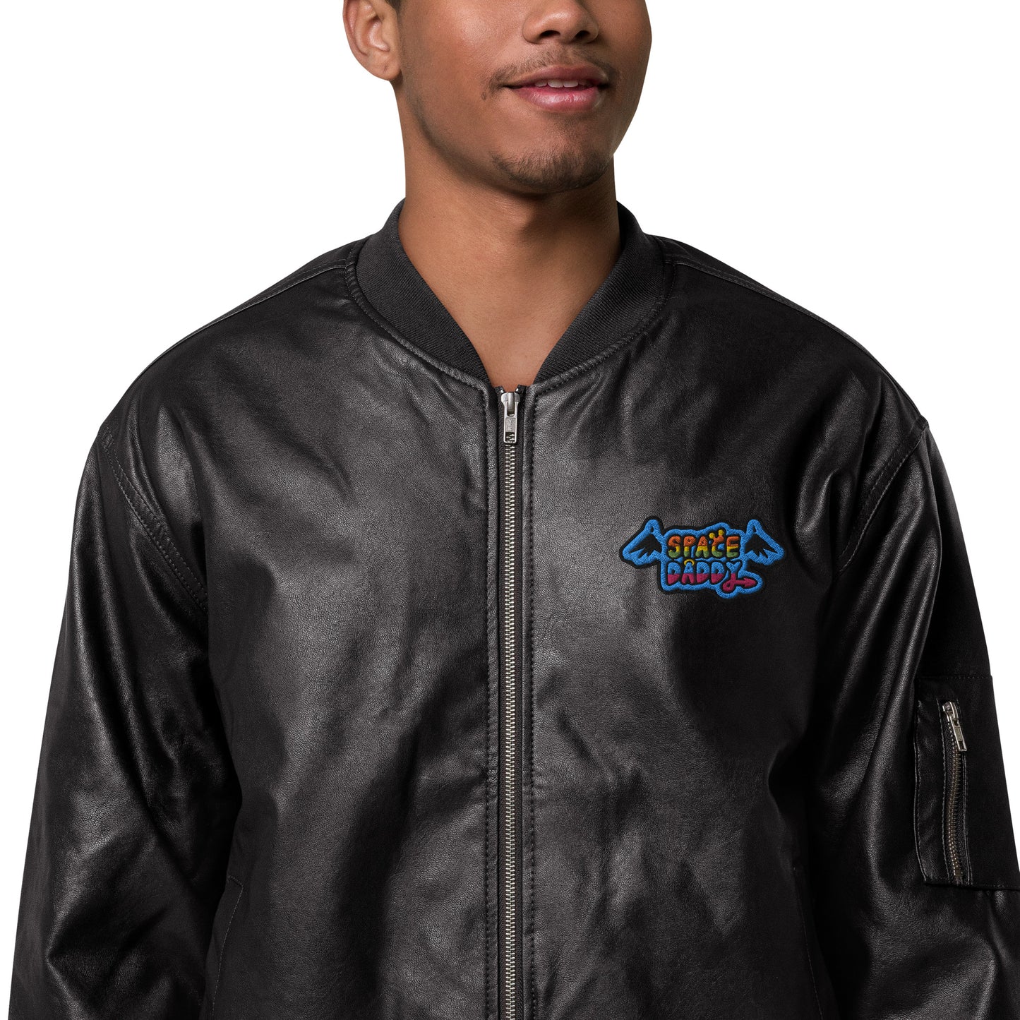 Space Daddy Faux Leather Bomber Jacket