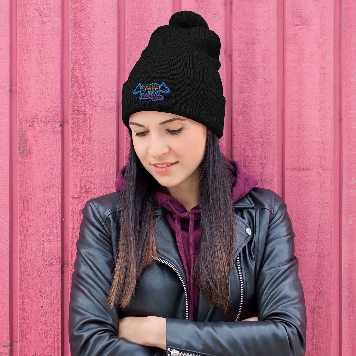 Space Daddy Black Wing Pom-Pom Beanie