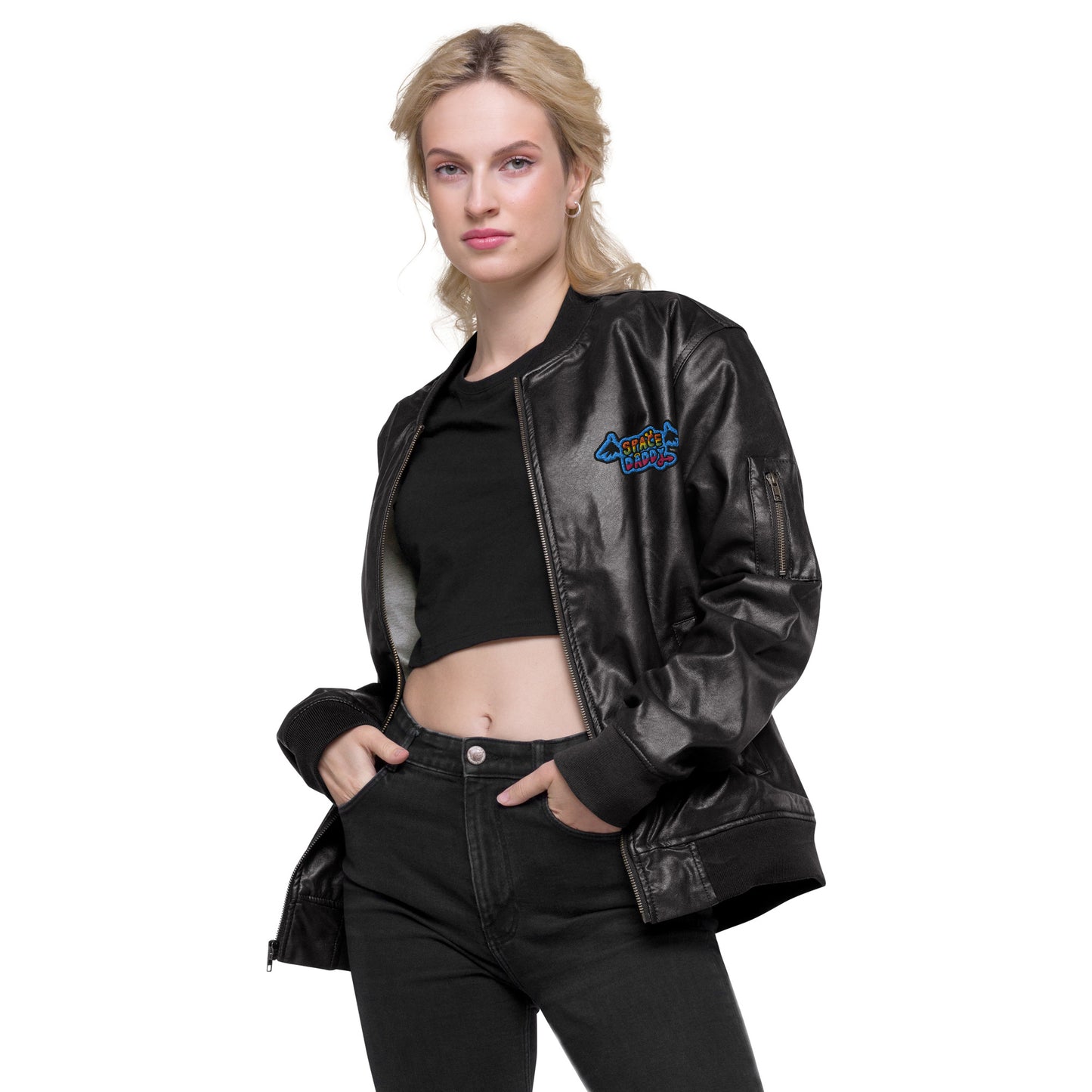 Space Daddy Faux Leather Bomber Jacket